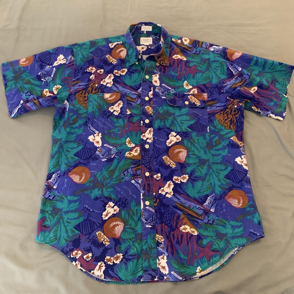 Chaps Ralph Lauren Shirt Mens Large Blue Hawaiian Short Sleeve Button Front